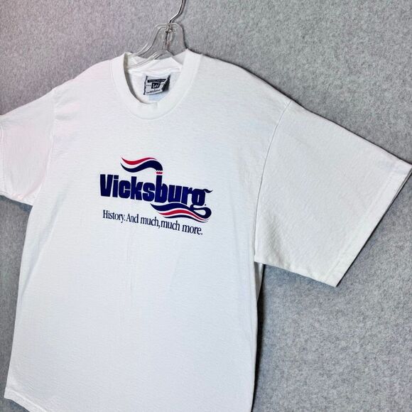 Vintage Lee Total Cotton Mens VICKSBURO print logo white T-Shirt Size large - Picture 3 of 11